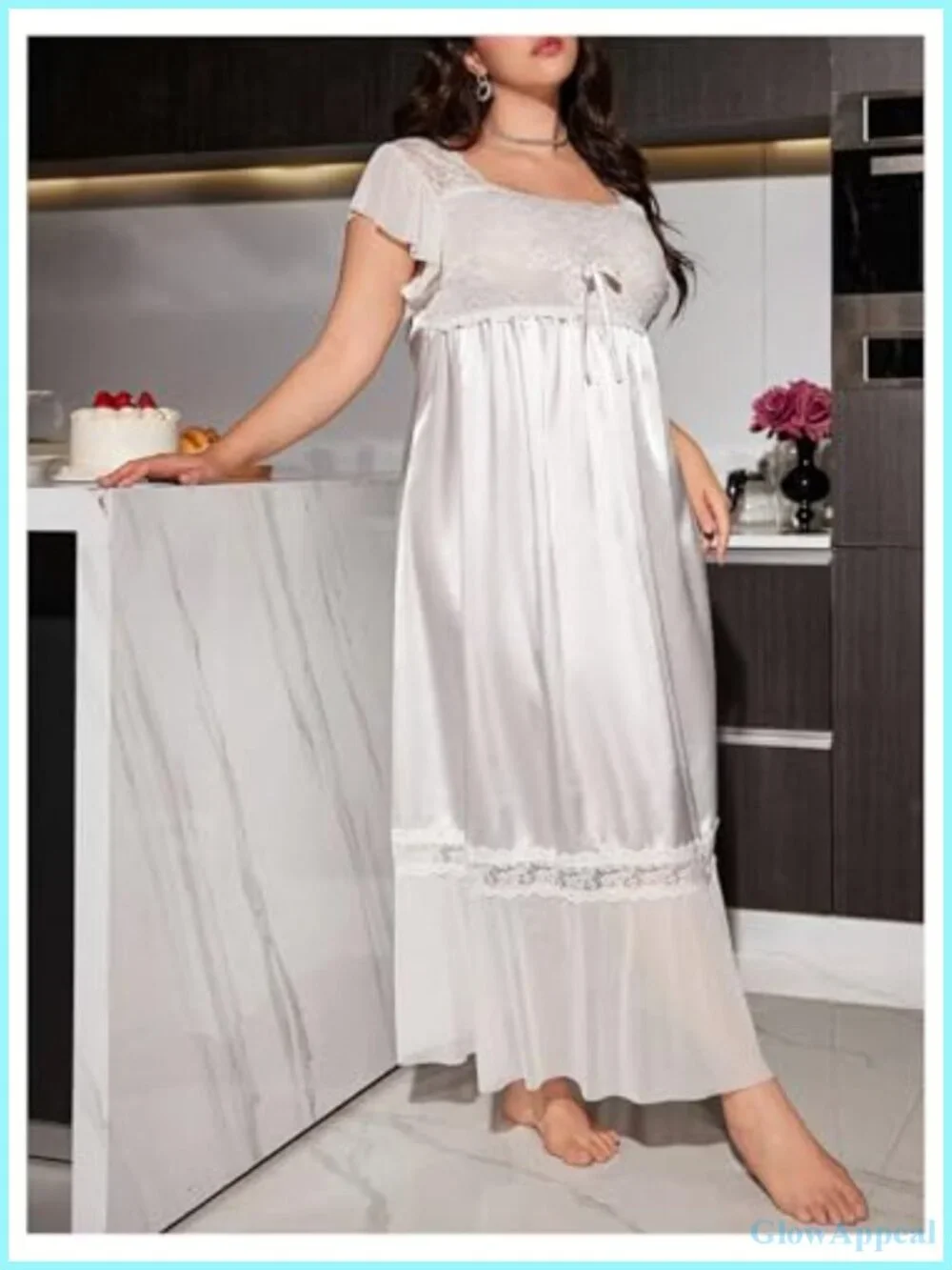 Plus Size Satin Nightgown Short Sleeve Square Neck Ruffled Maxi Sleep Dress